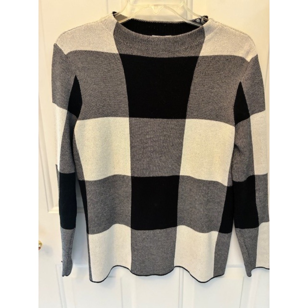 J. Jill Sweater Womens S Petite Black White Buffalo Plaid Cotton Knit Excellent